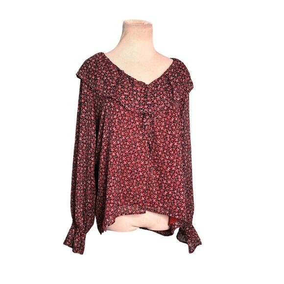 Loft red floral long sleeves ruffled lined sheer blouse size small - Picture 8 of 10